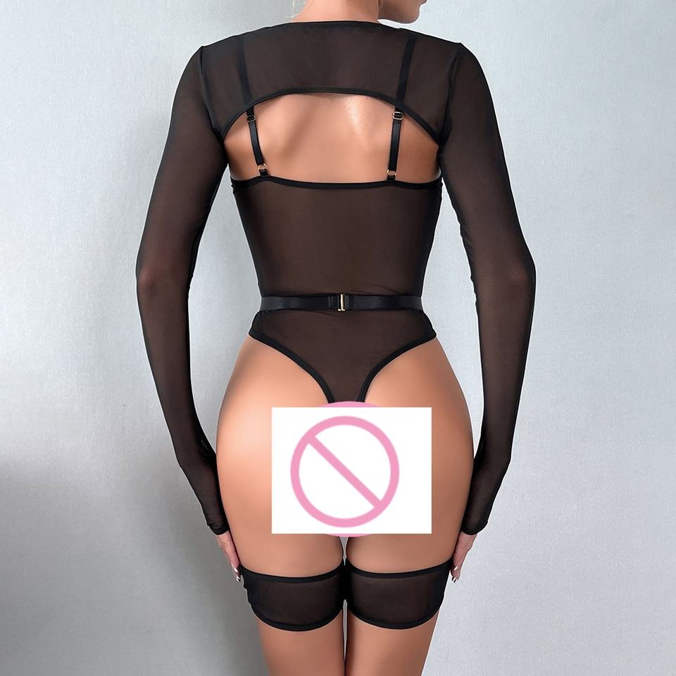 Black High Cut Sheer Mesh Bodysuit Set